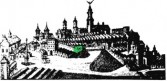 Widok Jarosławia w XVII w. z zaznaczonym odkrytym murem obronnym - fragmentem arsenału