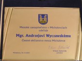 Akt nadania Honorowego Obywatelstwa Michaloviec dla burmistrza Andrzeja Wyczawskiego